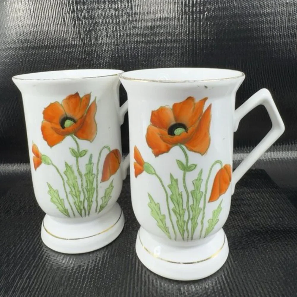 Vintage German‎ Fine Porcelain Pedestal Cup Mug Poppy Red Flower Pattern Set 2